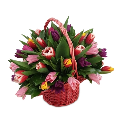 Тюльпаны в корзине — Цветы SFlower – доставка цветочных букетов в Хабаровске. У нас цветы можно купить или заказать с доставкой круглосуточно — 