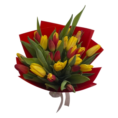 Букет из красных и желтых тюльпанов — Цветы SFlower – доставка цветочных букетов в Хабаровске. У нас цветы можно купить или заказать с доставкой круглосуточно — 