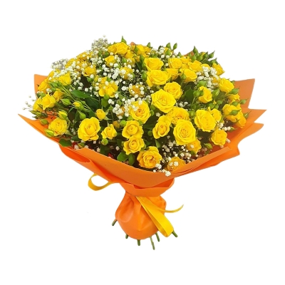 Букет из желтых кустовых роз и гипсофил  — Цветы SFlower – доставка цветочных букетов в Хабаровске. У нас цветы можно купить или заказать с доставкой круглосуточно — c8371b6d