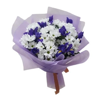 Букет из ирисов и кустовых хризантем — Цветы SFlower – доставка цветочных букетов в Хабаровске. У нас цветы можно купить или заказать с доставкой круглосуточно — 