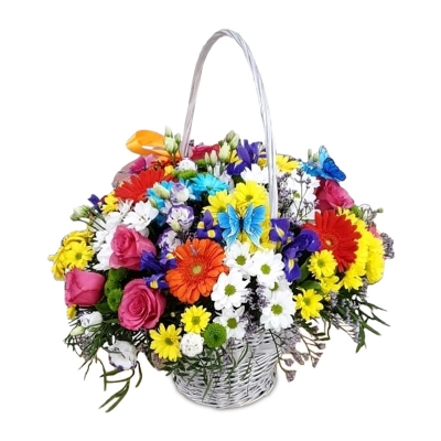 Композиция в корзине из гербер, хризантем и роз  — Цветы SFlower – доставка цветочных букетов в Хабаровске. У нас цветы можно купить или заказать с доставкой круглосуточно — 